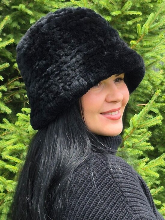 Black Soft Rex Rabbit Fur Panama Hat, Cream Elegant Women\'s Winter Headwear main image 8